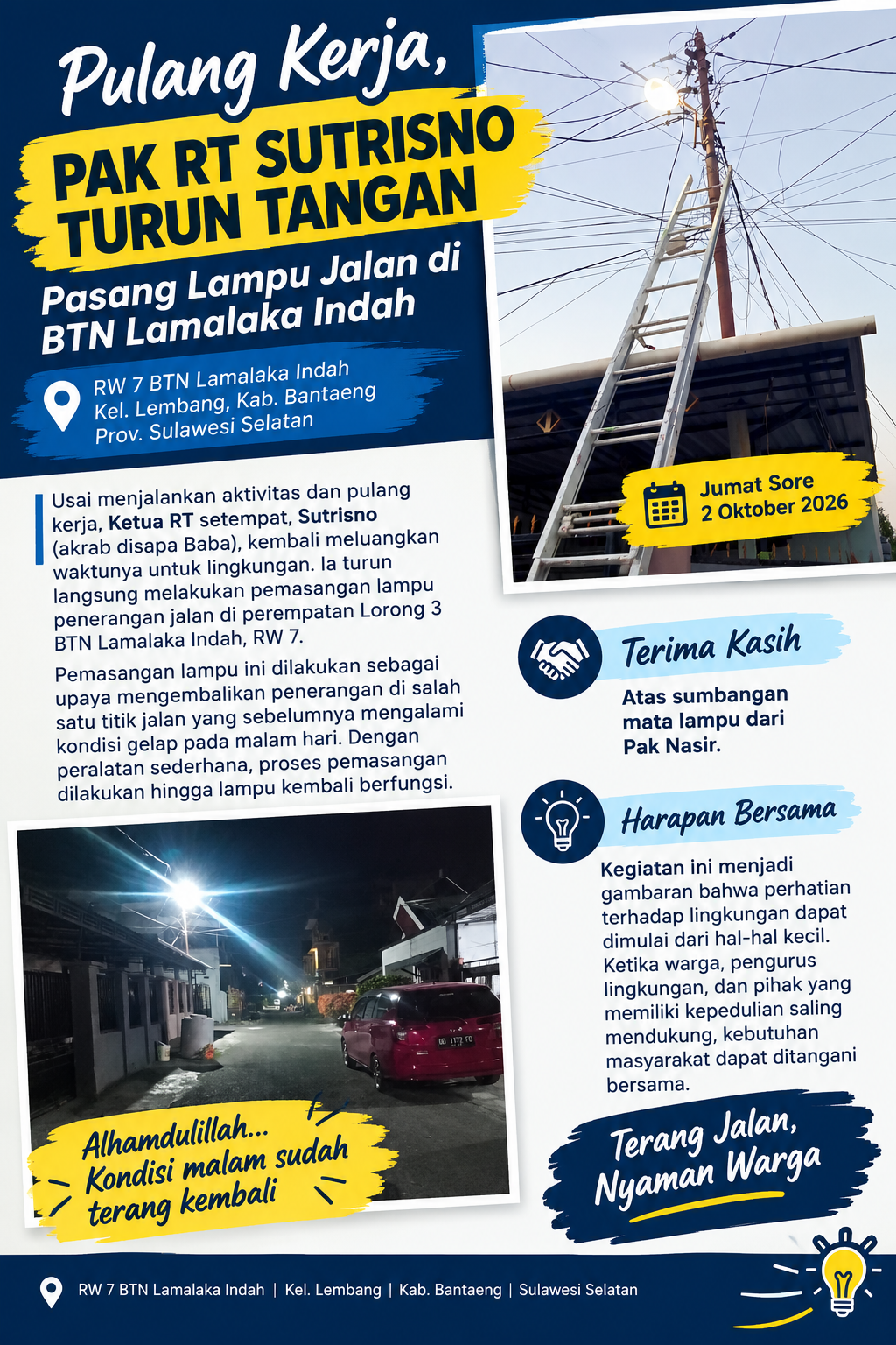 Usai Pulang Kerja, Pak RT Sutrisno Turun Tangan Pasang Lampu Jalan di BTN Lamalaka Indah